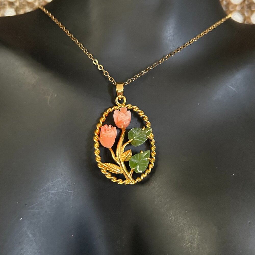 Vintage Gold Vermeil Jade & Coral Pendant Necklace - Tulip Flower Design